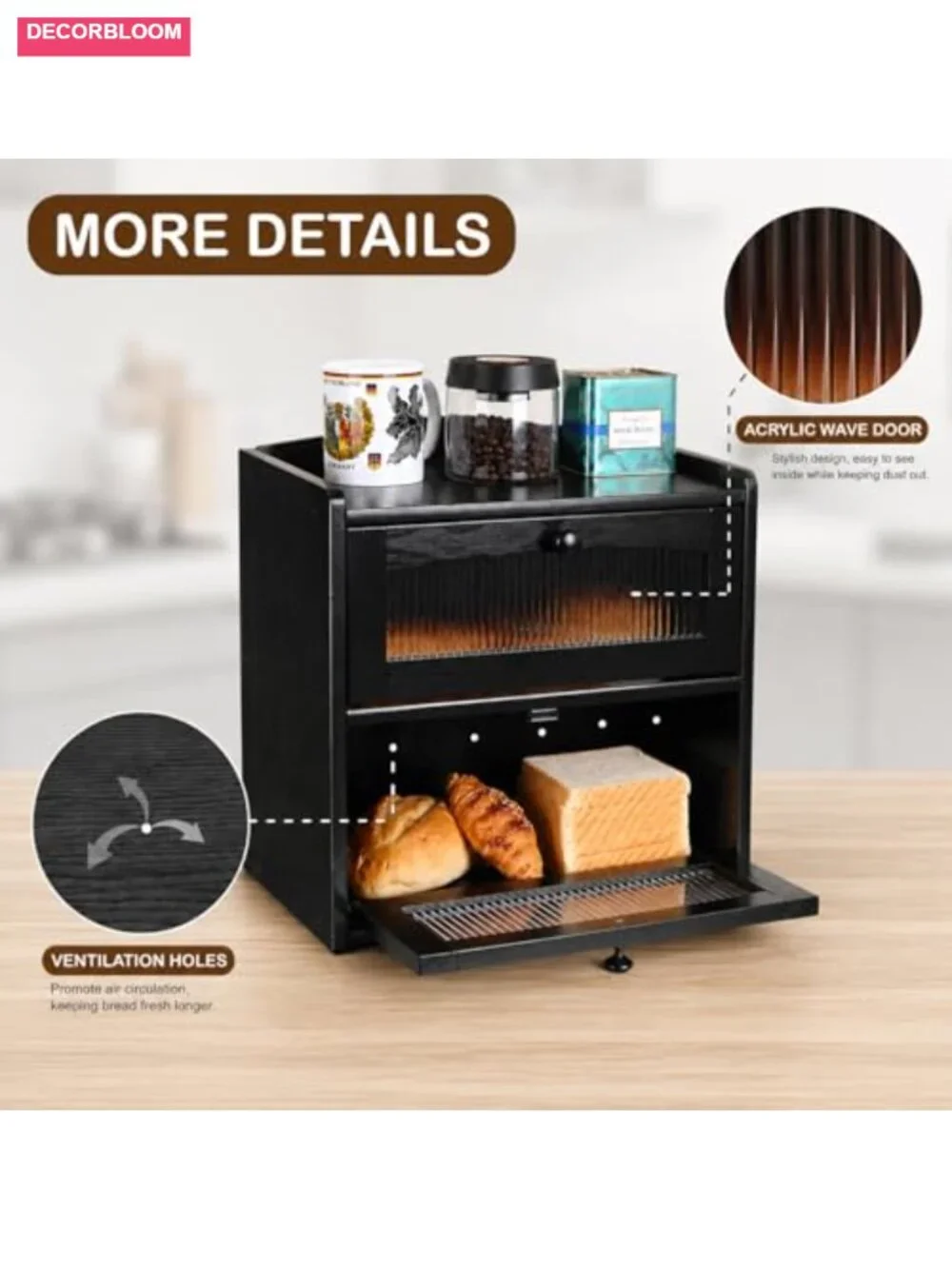 Large Wooden Bread Box, 2-Tier, Clear Acrylic Window, Magnetic Doors